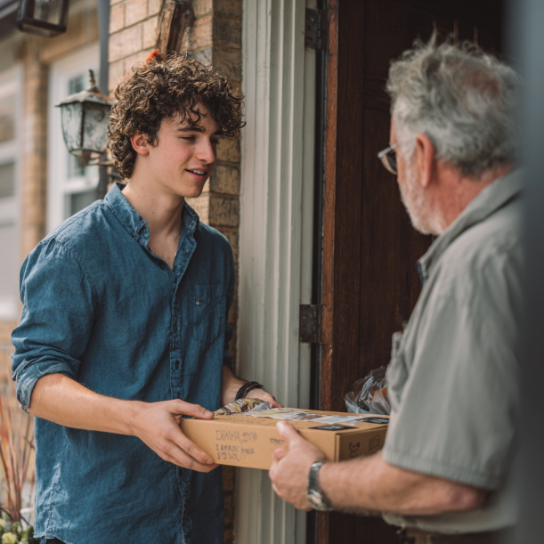 A young man giving an older man a box of cake | Source: No source
