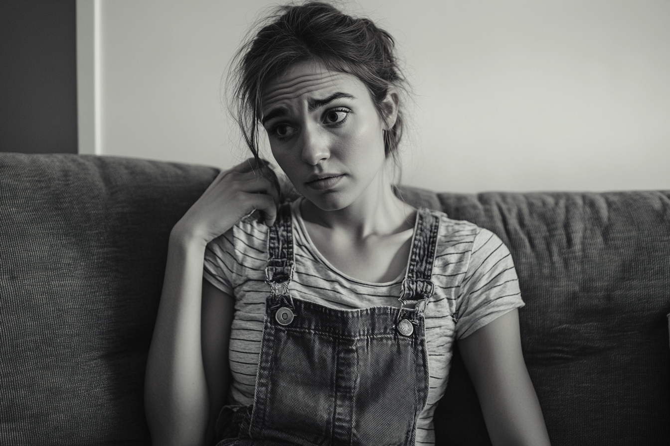A shocked and sad woman on a sofa | Source: No source