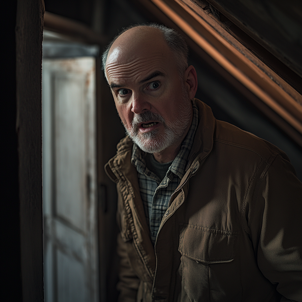An angry middle-aged man standing in an attic | Source: No source