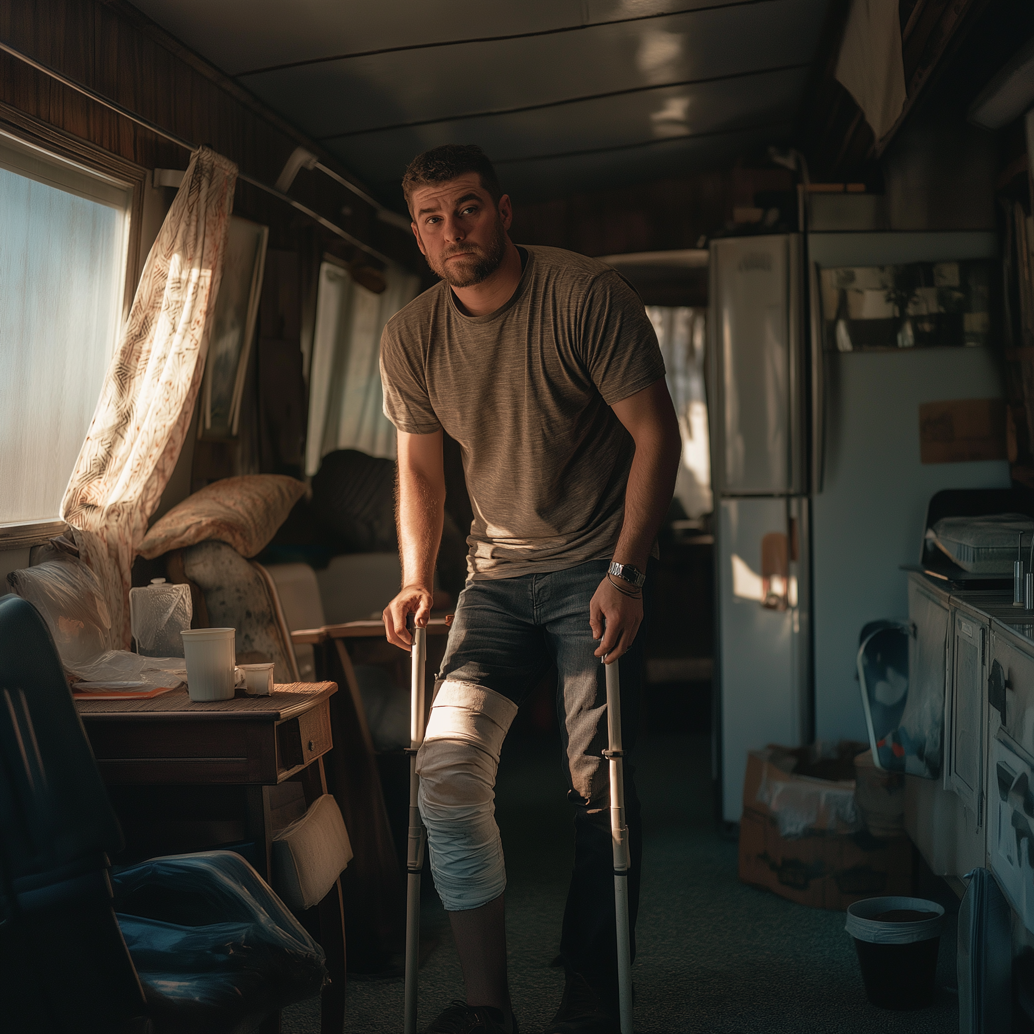 A man standing on crutches in an old trailer | Source: No source