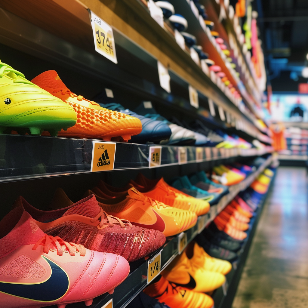 A row of children's soccer boots in a store | Source: no source