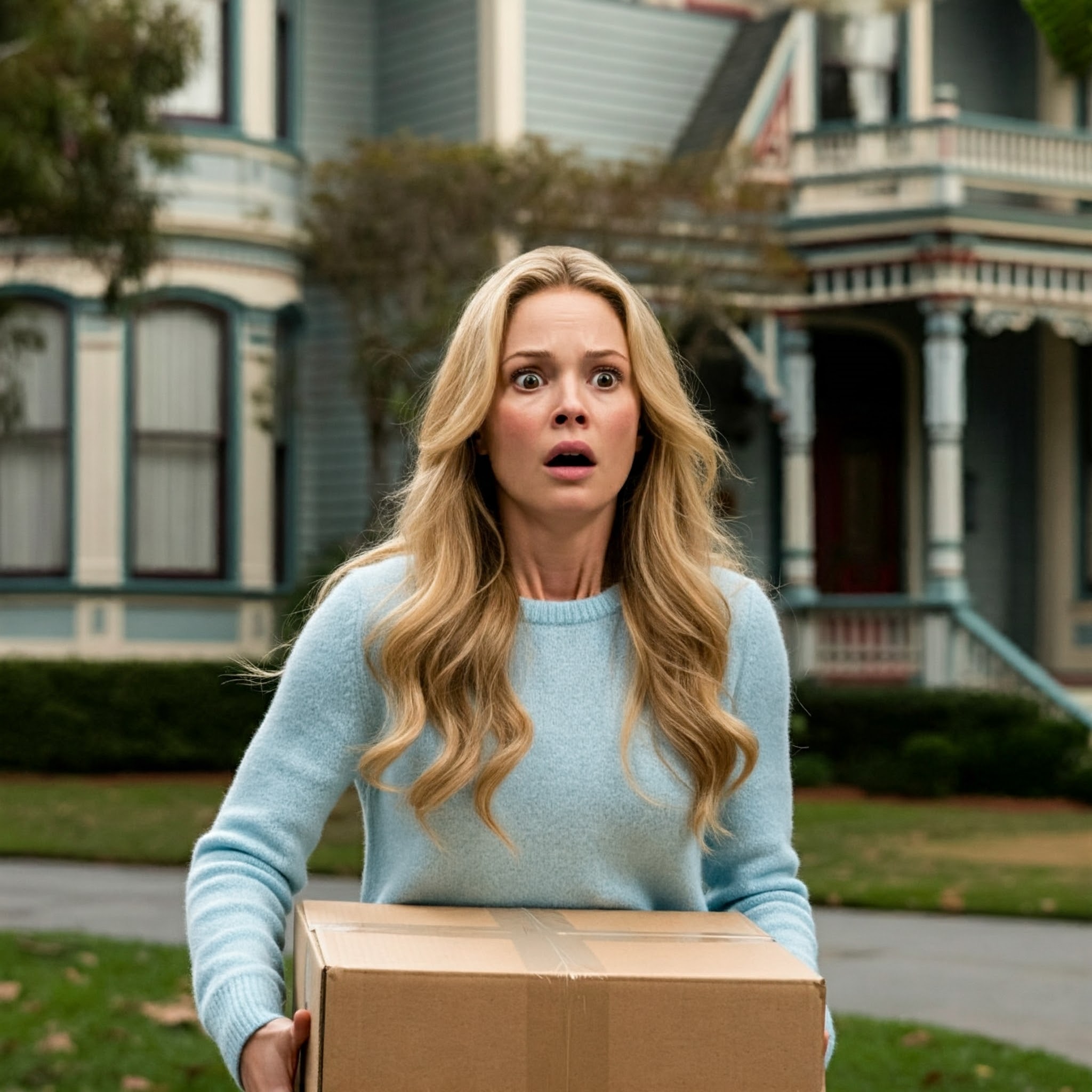 A woman looking shocked while holding a box | Source: No source