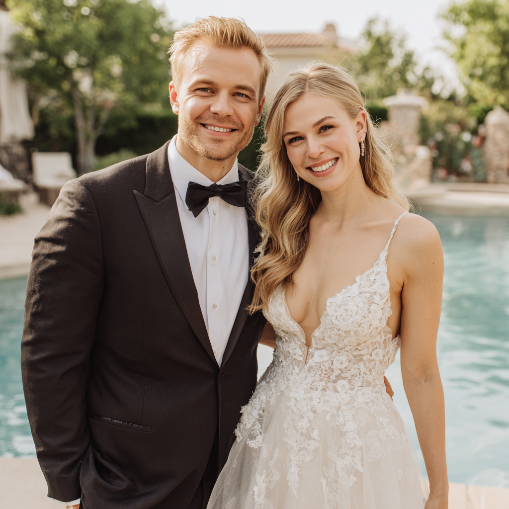 A bridal couple posing in front of a pool | Source: No source