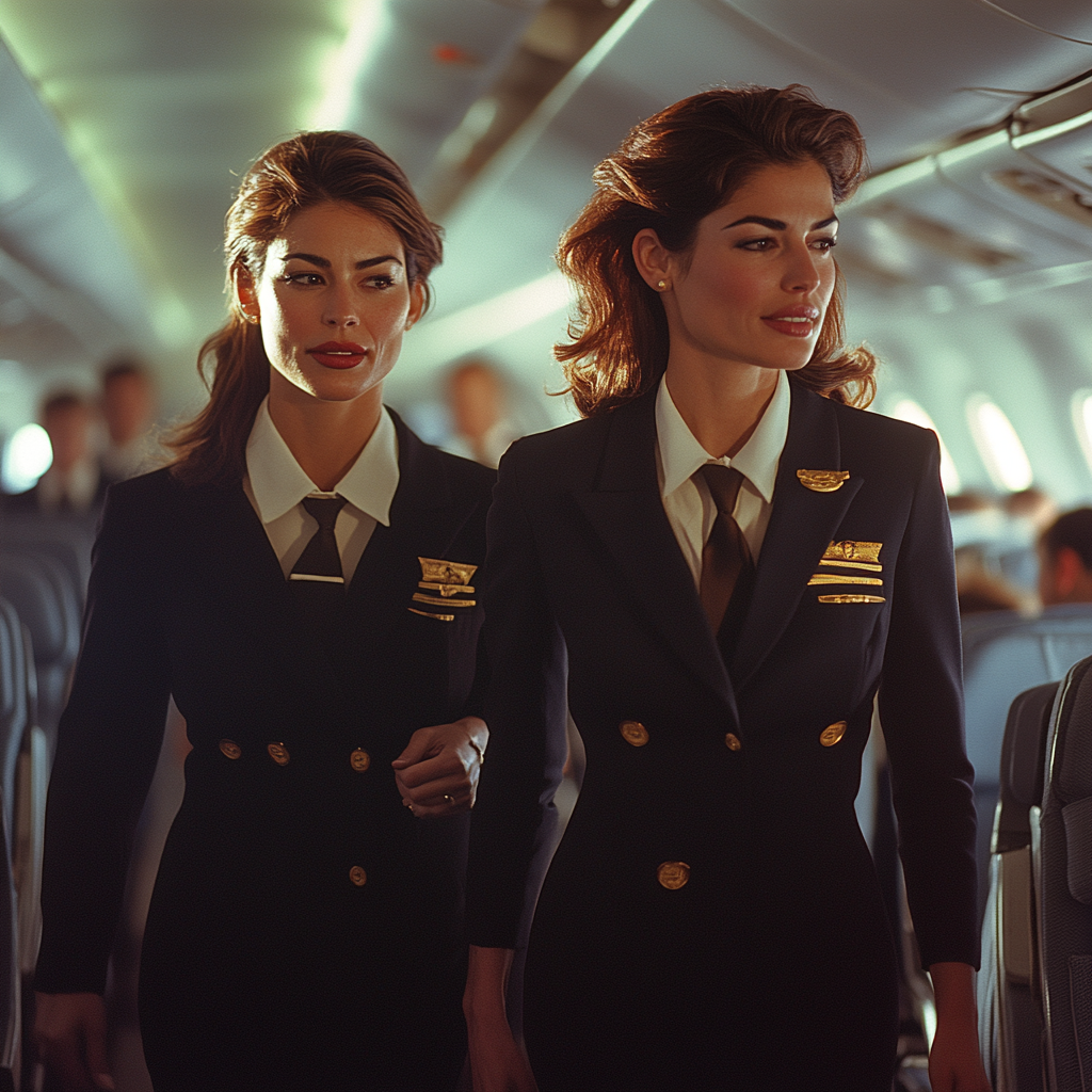 A chief purser and a flight attendant walking together | Source: No source