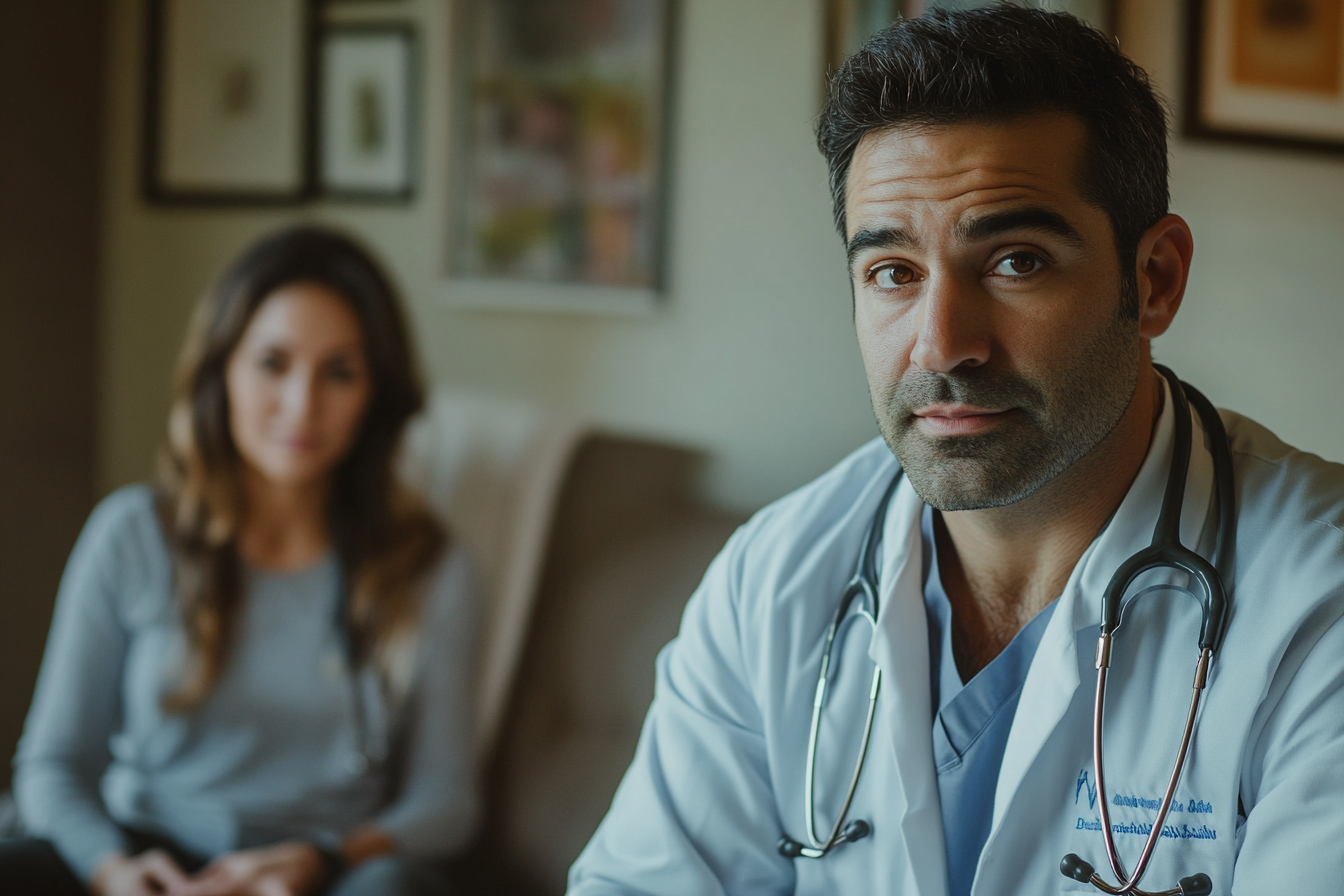 A close-up shot of a doctor with a focused expression, his wife blurred in the background | Source: no source