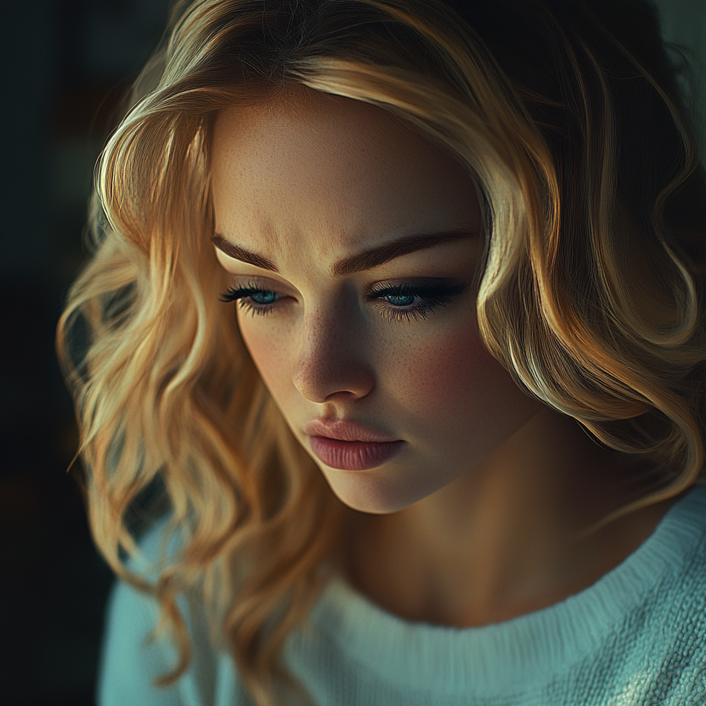 An emotional woman with her eyes downcast | Source: no source
