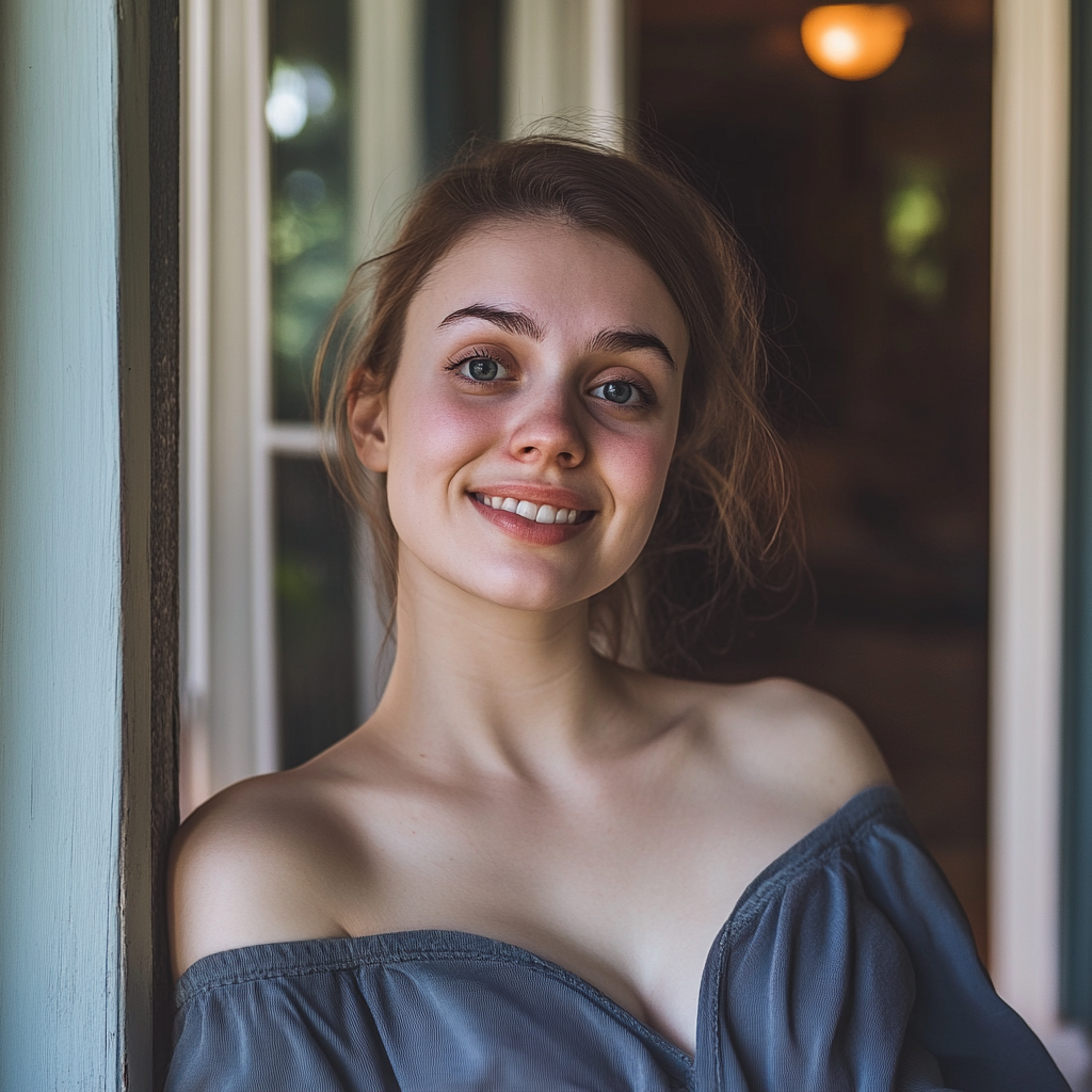 A smiling woman standing on her front porch | Source: no source