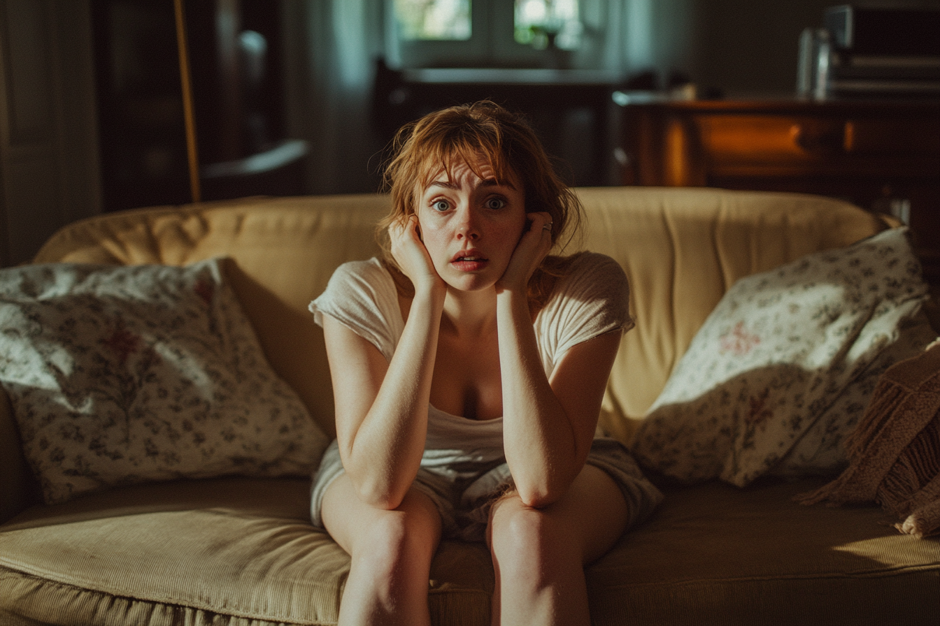 A woman sitting on a sofa speaking to someone | Source: No source
