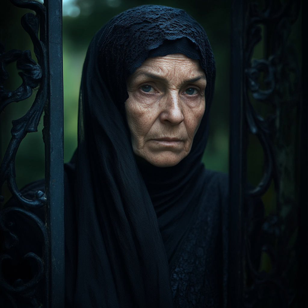 An old woman standing near the gates of the cemetery | Source: No source