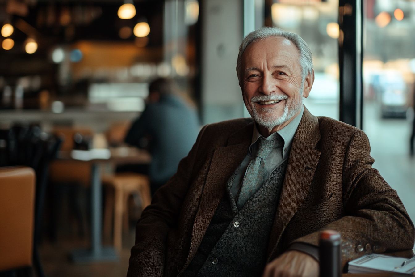 A man in a café laughing | Source: no source