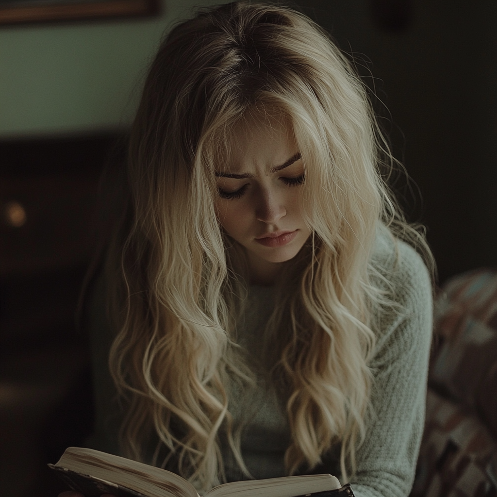 A frowning woman looking at a diary in her hands | Source: no source
