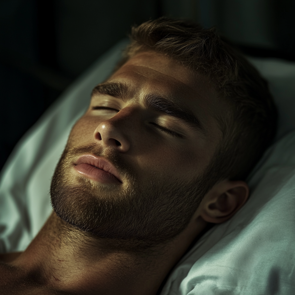 Close-up shot of a man lying still in a hospital bed | Source: No source