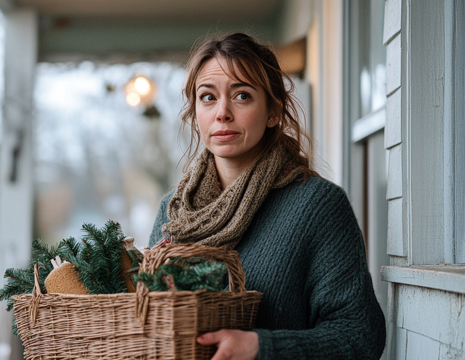 A woman on a porch holding a gift hamper | Source: No source