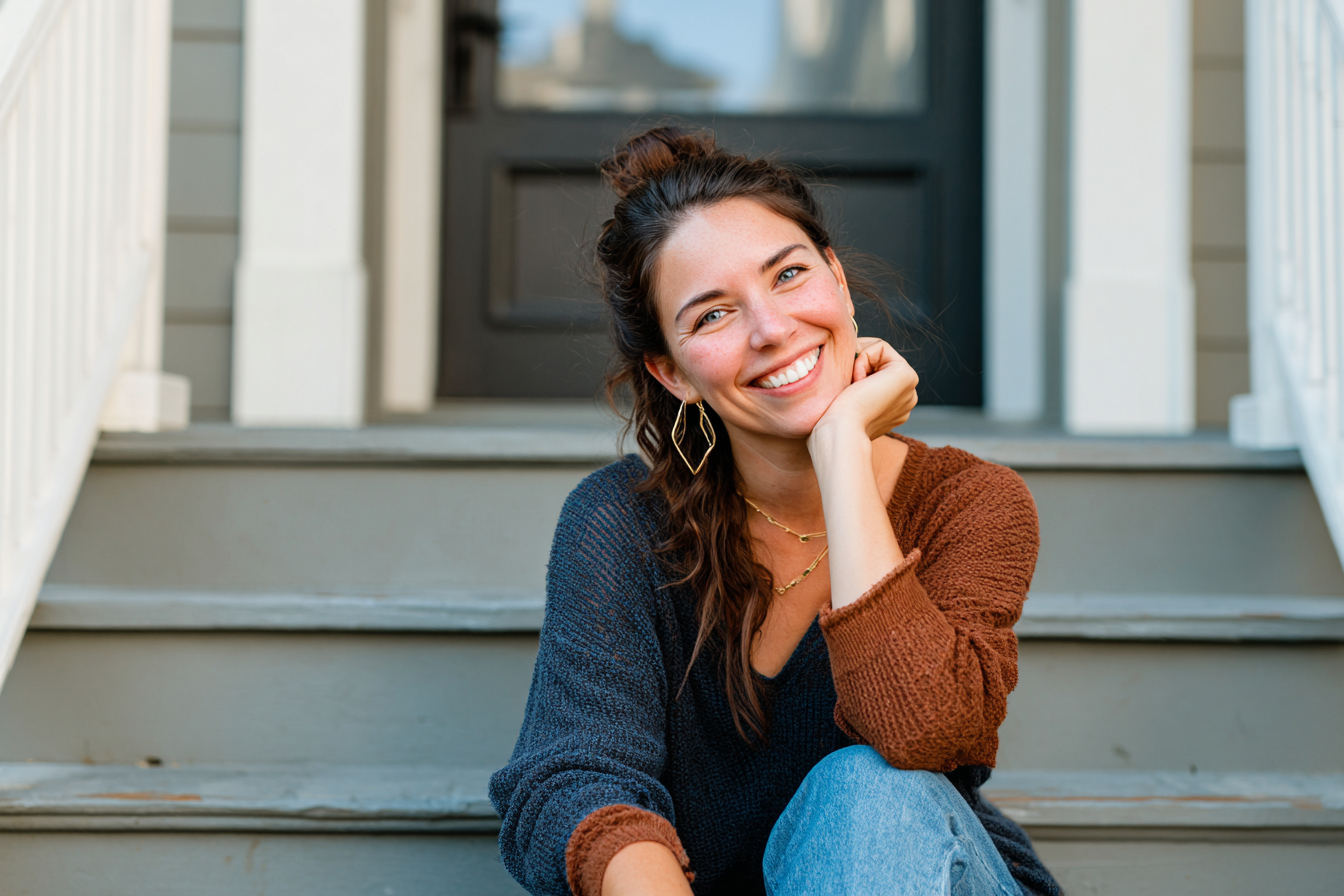 A smiling woman sitting on porch steps | Source: no source