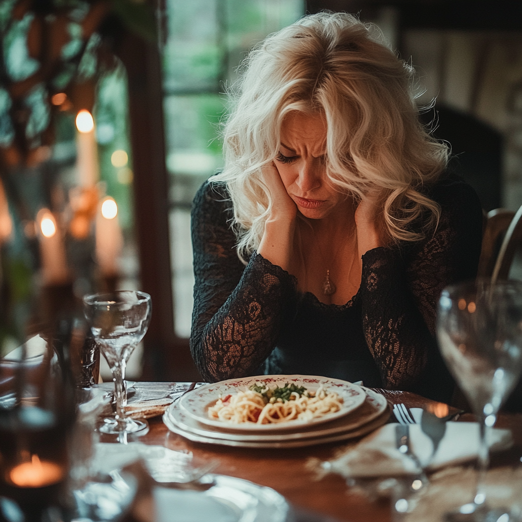 A sad woman looking at her plate | Source: No source