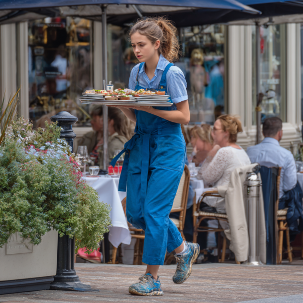 A waitress carrying a tray of food | Source: No source
