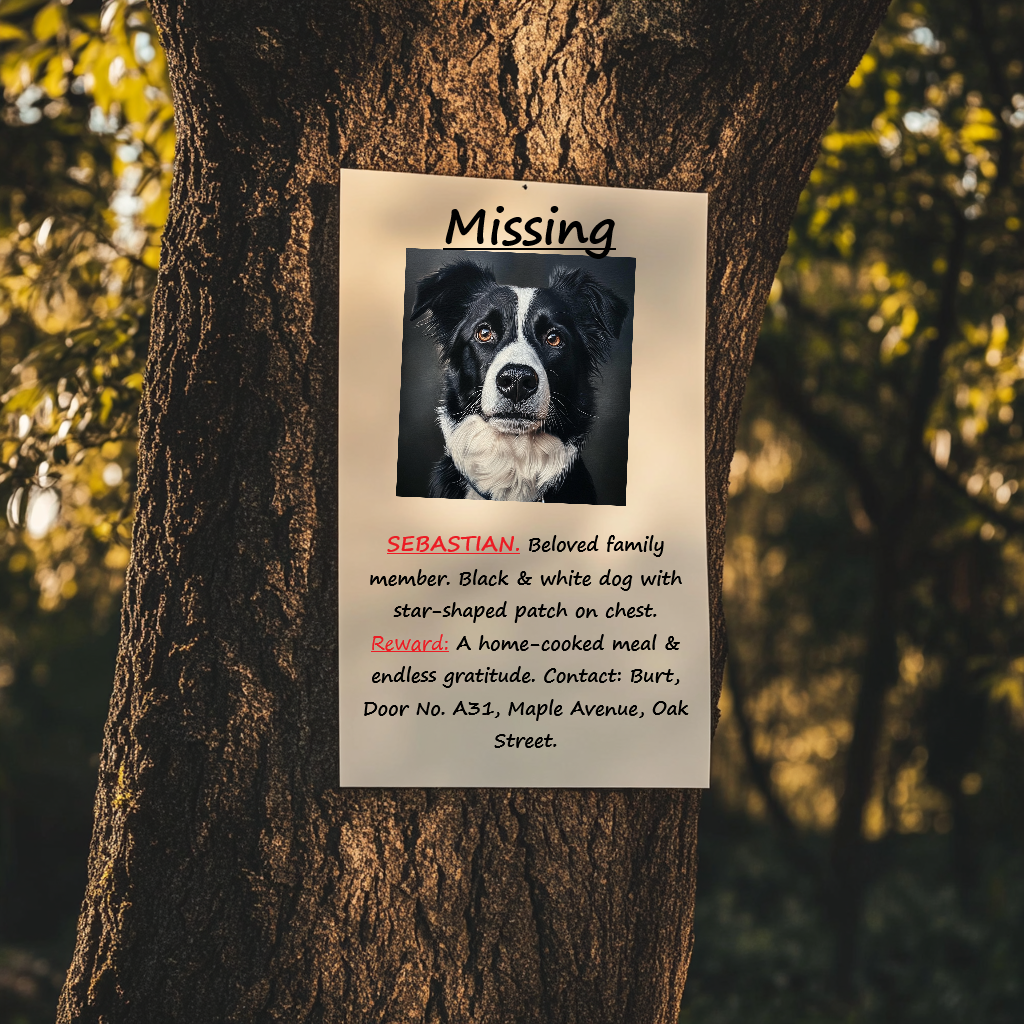 A poster with a missing dog's photo nailed to a tree | Source: no source