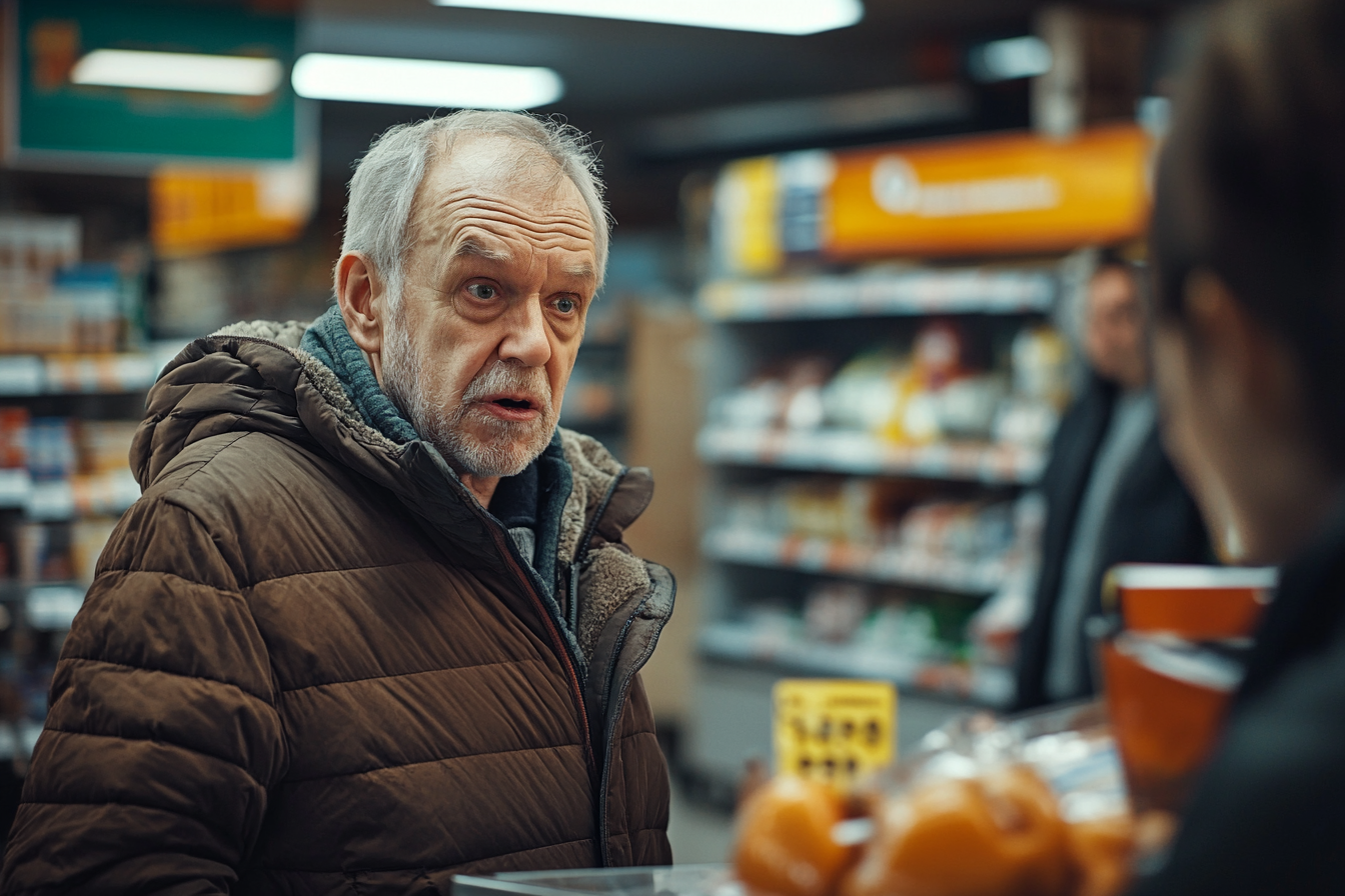 A shocked man standing at a grocery store checkout | Source: no source