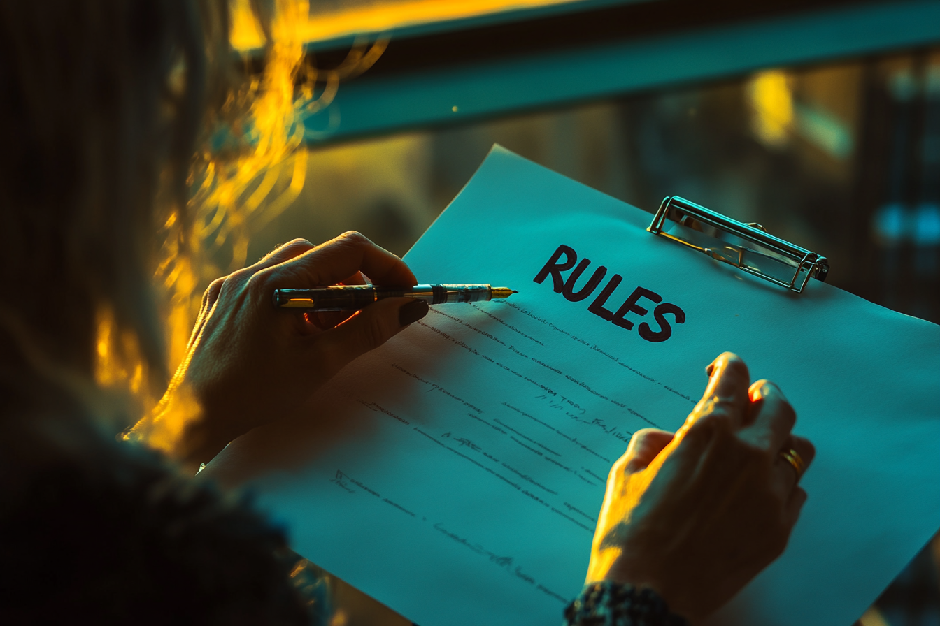 Woman holds pen while reading a paper that says "Rules" | Source: No source