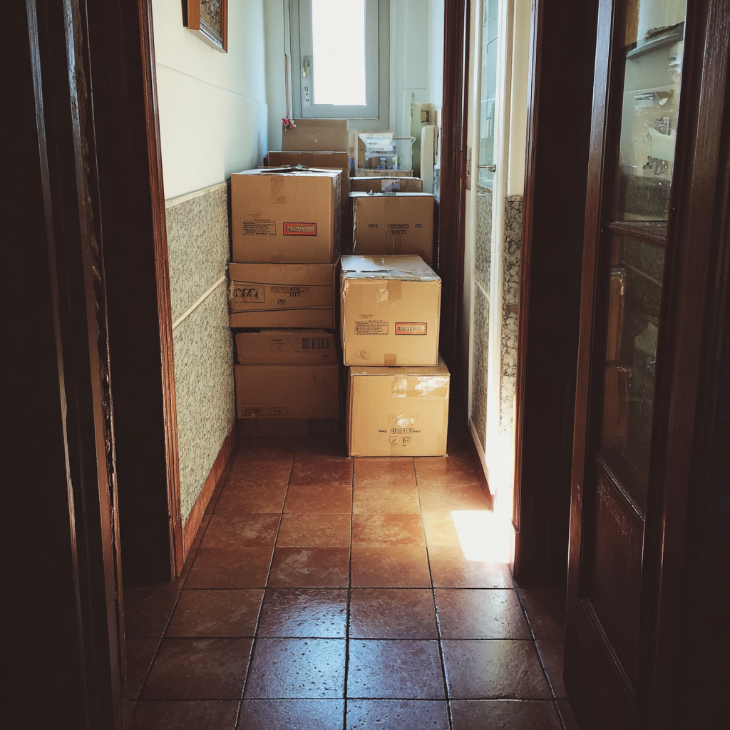 Cardboard boxes stacked in a hallway | Source: no source