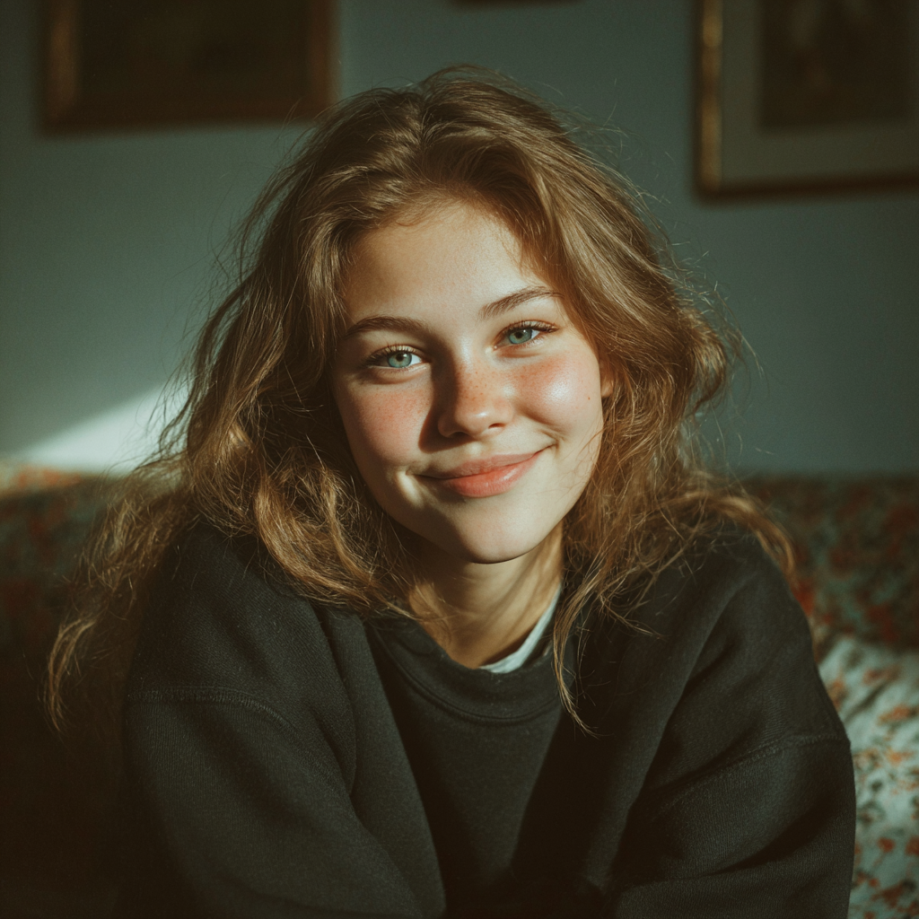 A happy girl sitting | Source: No source