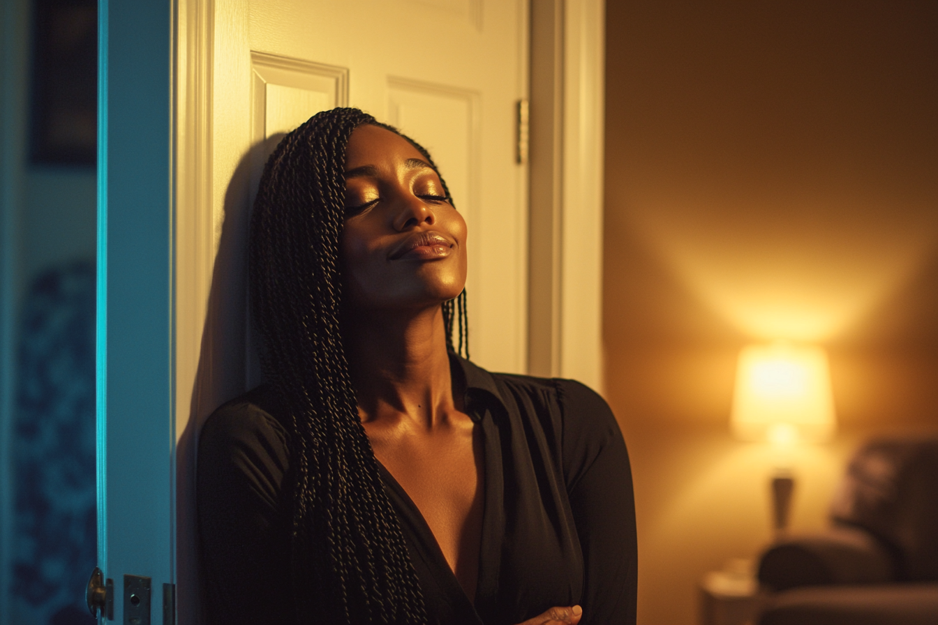 A woman leaning back on a door, looking peaceful and smiling | Source: no source