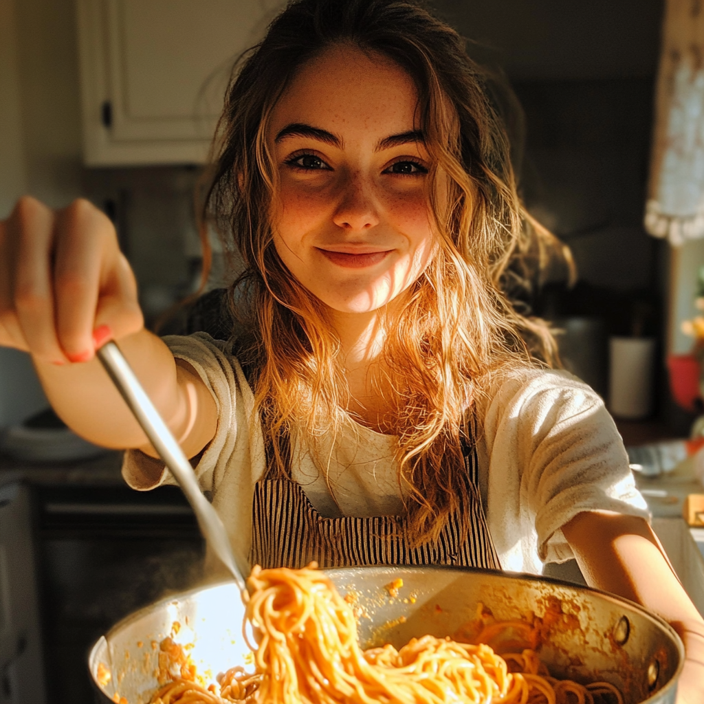 A woman cooking with a forced smile | Source: No source