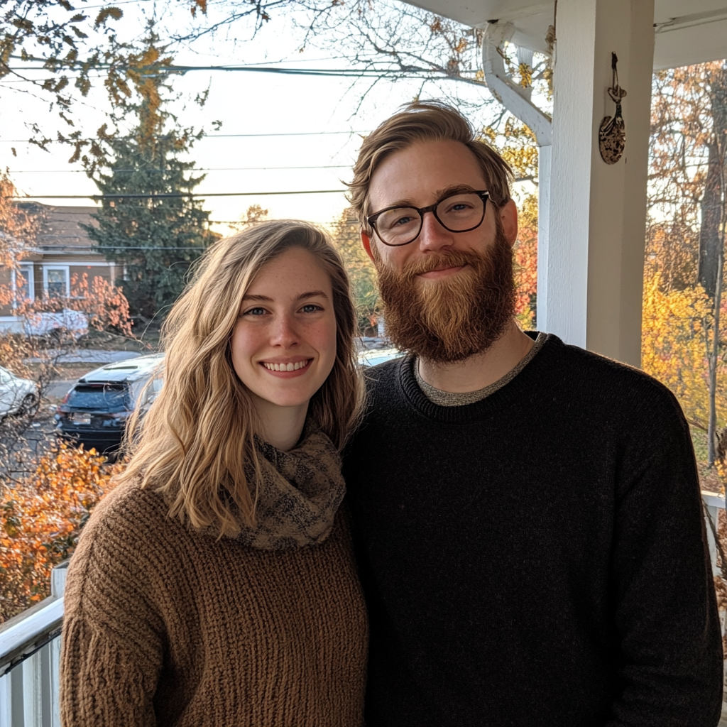 A smiling couple on their neighbor's porch | Source: no source