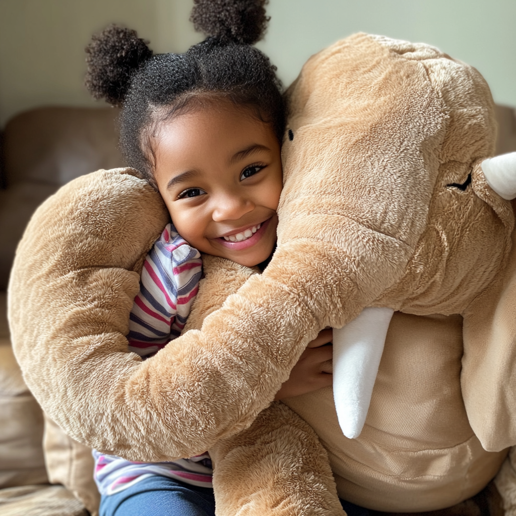 Little girl holding a giant stuffed elephant toy | Source: No source
