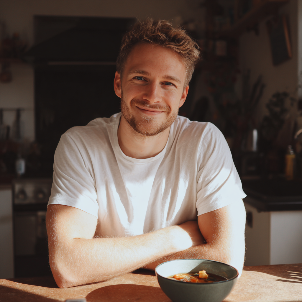 A smiling man with a bowl of soup | Source: no source