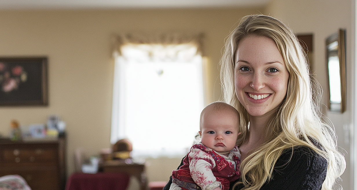 A woman smiling victoriously while holding a baby | Source: no source