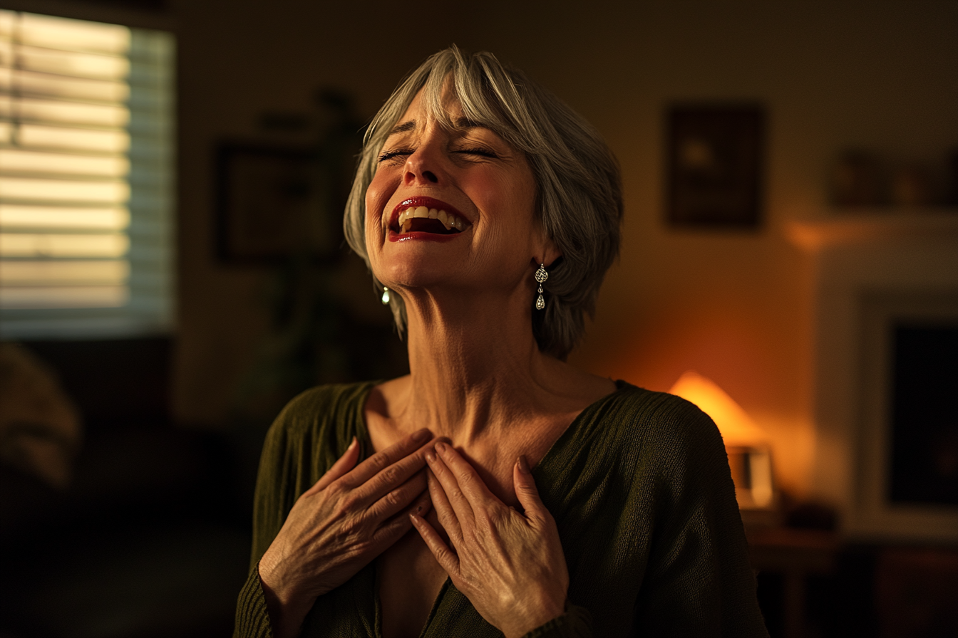 Woman in her 50s crying from happiness in a living room | Source: No source
