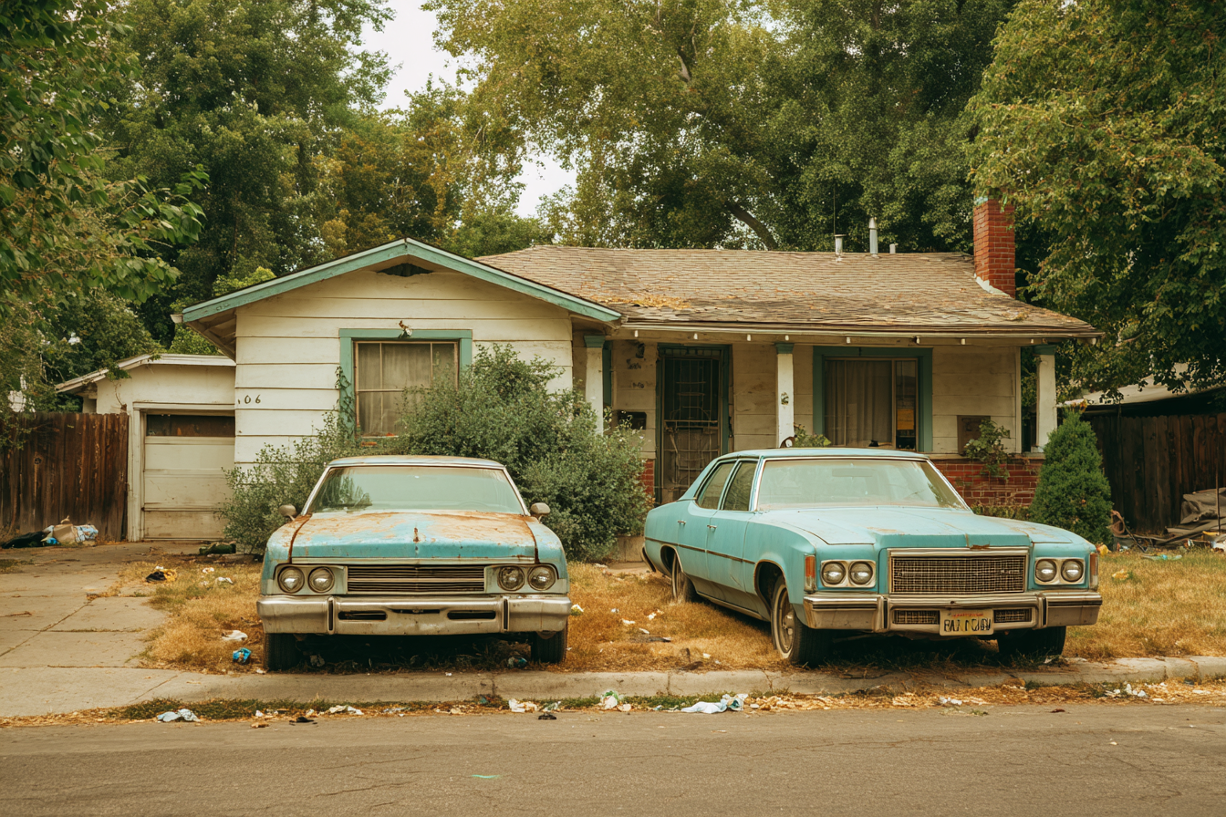 Two beat-up sedans parked outside a house | Source: no source