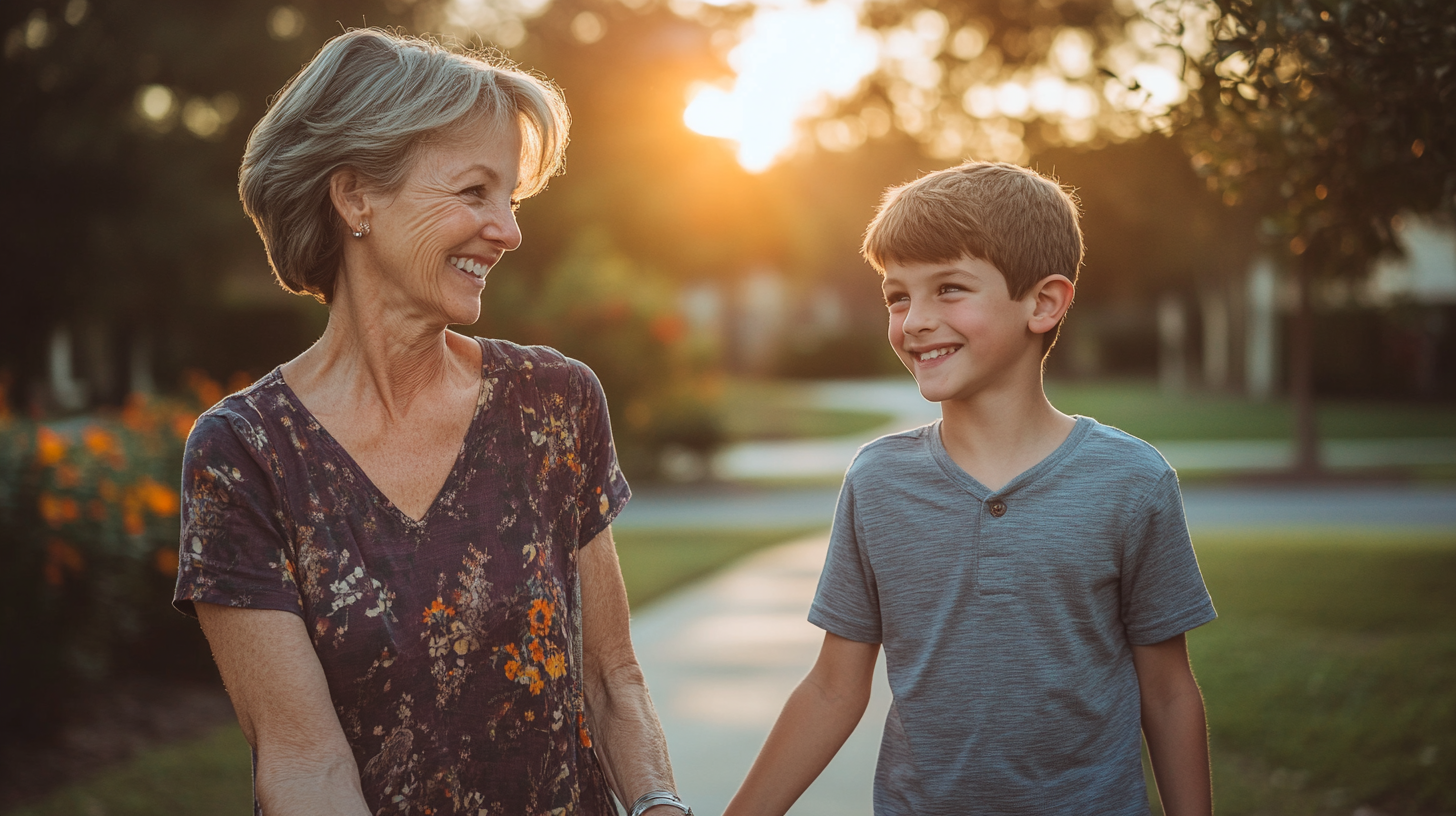 A woman smiling with a boy | Source: No source