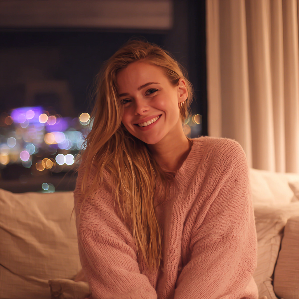 A smiling young woman sitting on a couch | Source: No source