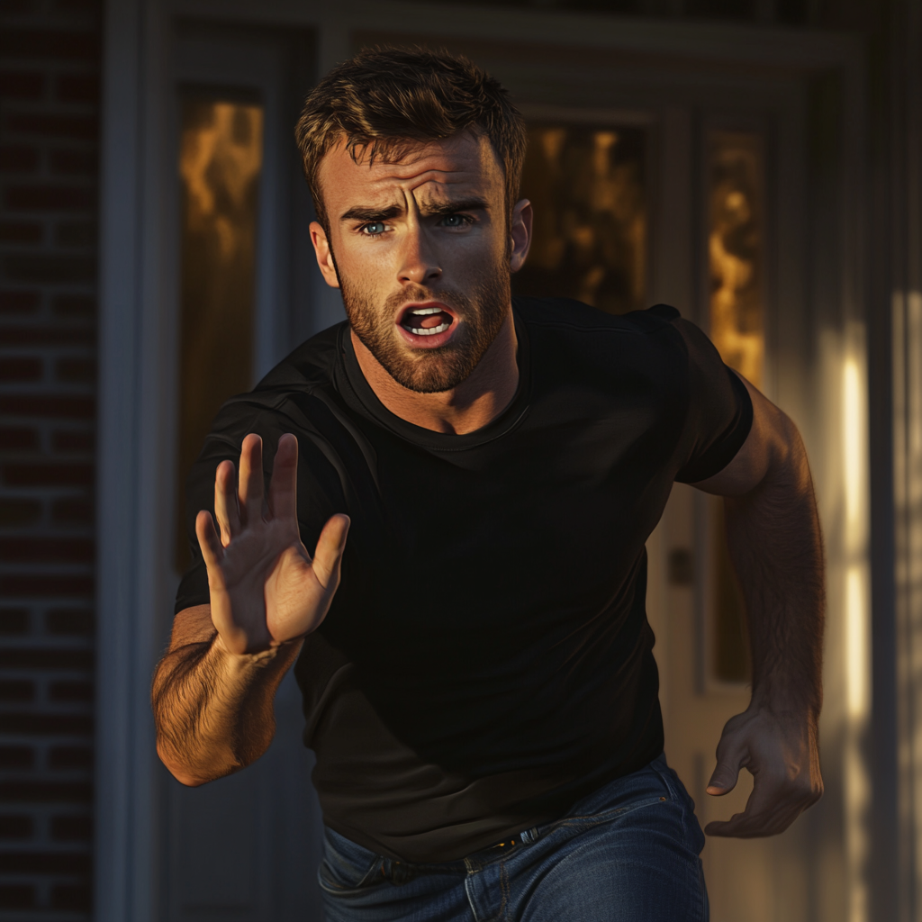 An agitated man running outside his house | Source: no source