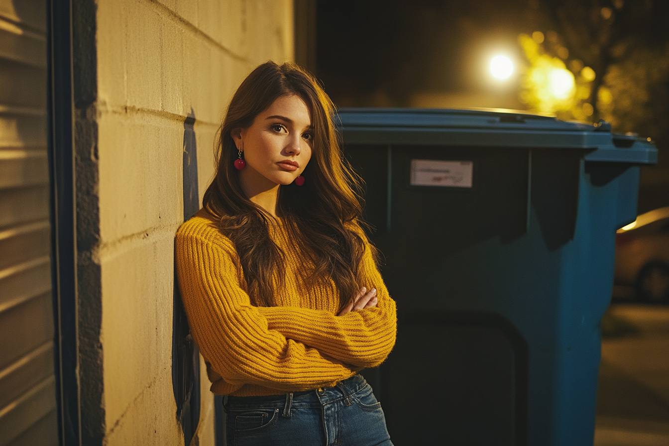 A determined woman in her 20s standing next to a dumpster with her arms crossed | Source: No source