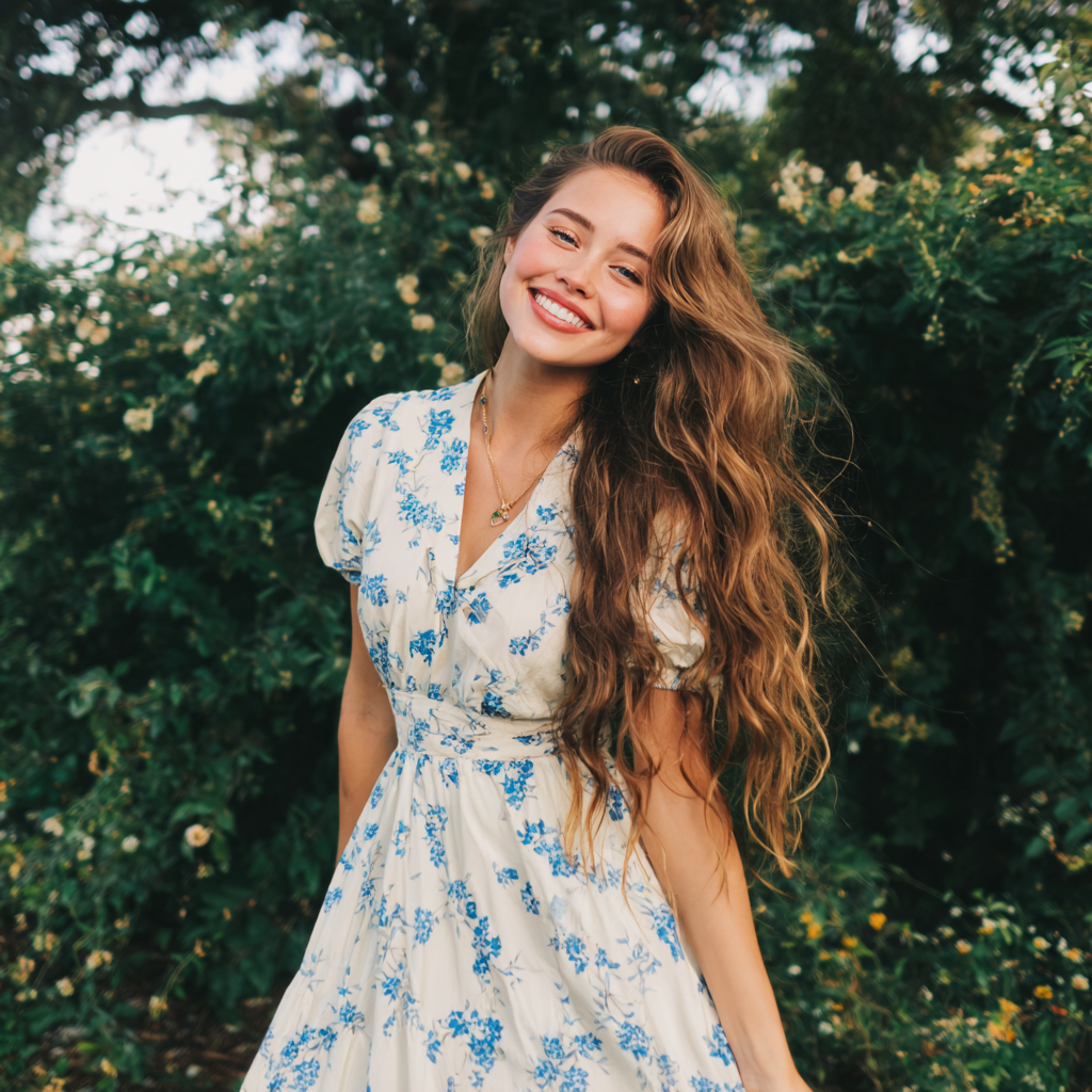 A smiling woman standing outside in a white dress | Source: No Source