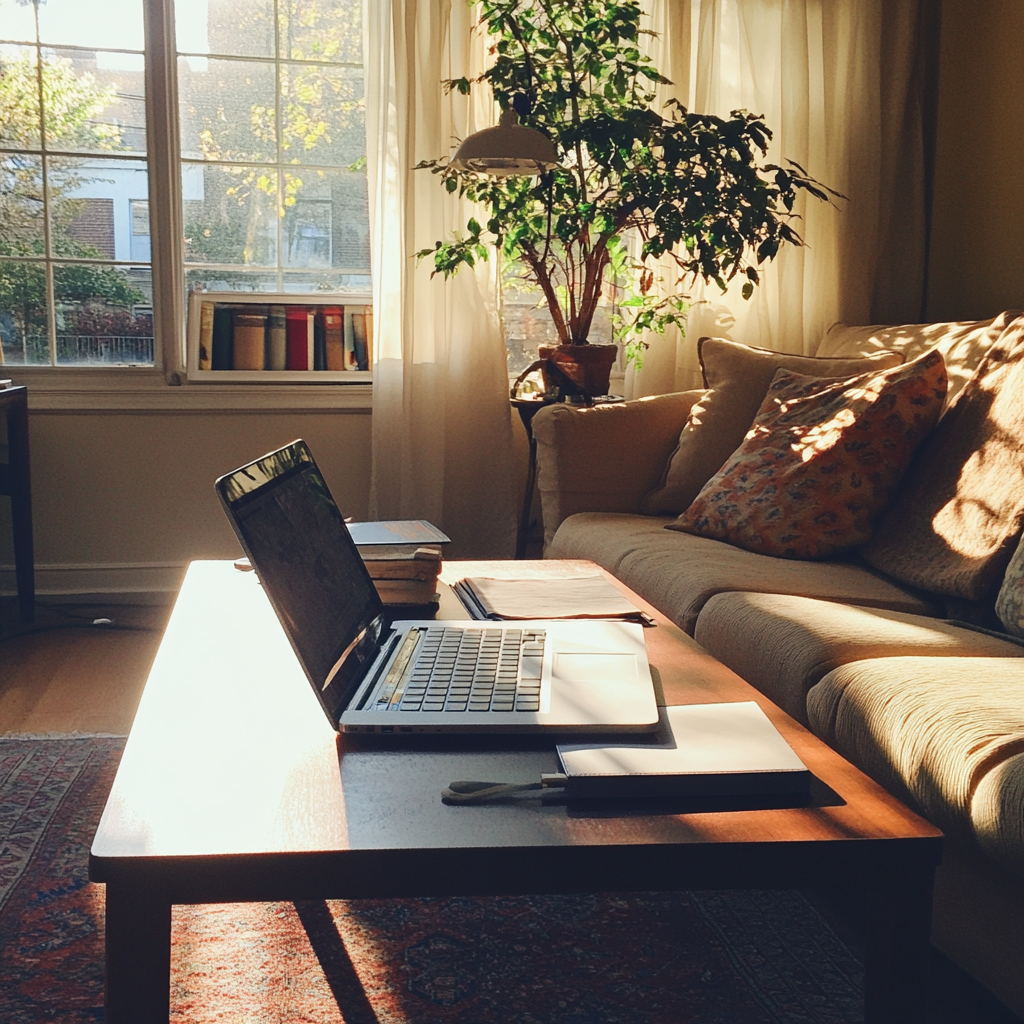 A laptop on a coffee table | Source: no source
