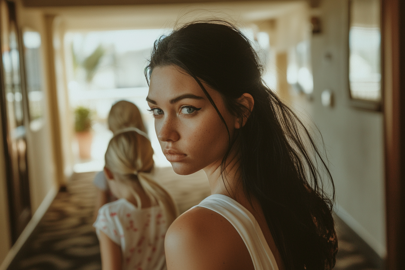 A black-haired woman in her 30s walks worried down a hotel hallway with two twin girls in the background | Source: No source
