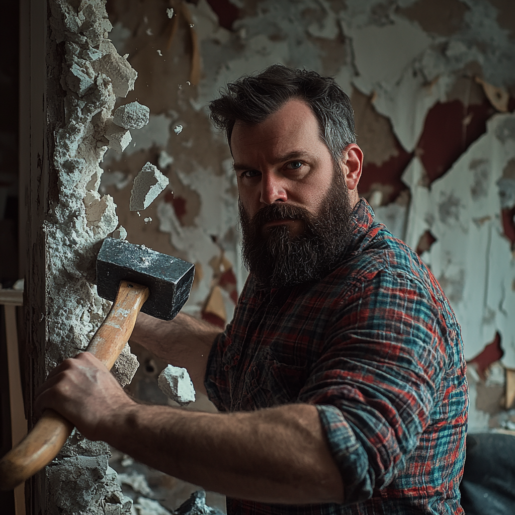 A man breaking a wall with a hammer | Source: no source