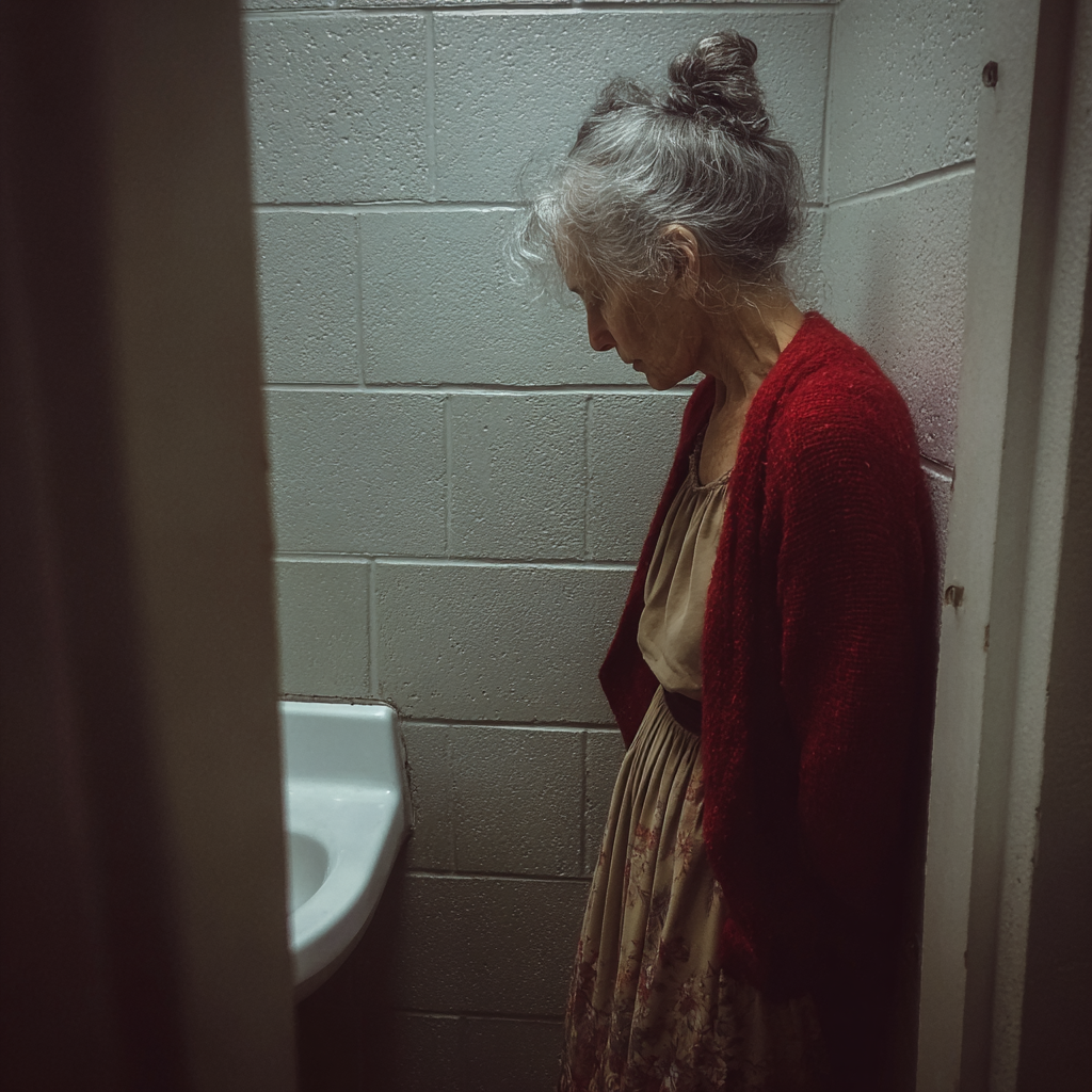 An old woman standing in a bathroom and looking at the floor | Source: No source