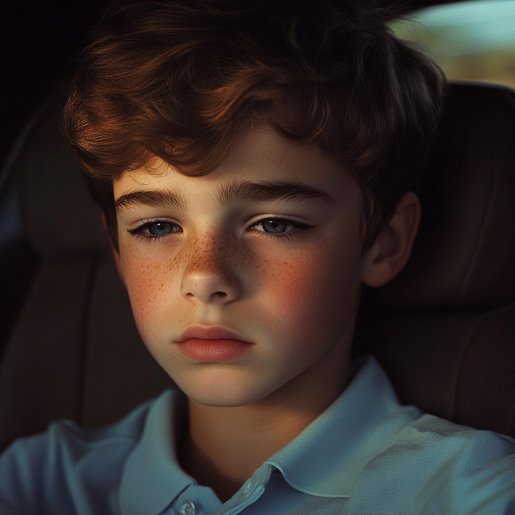 A sad boy sitting in a car | Source: no source