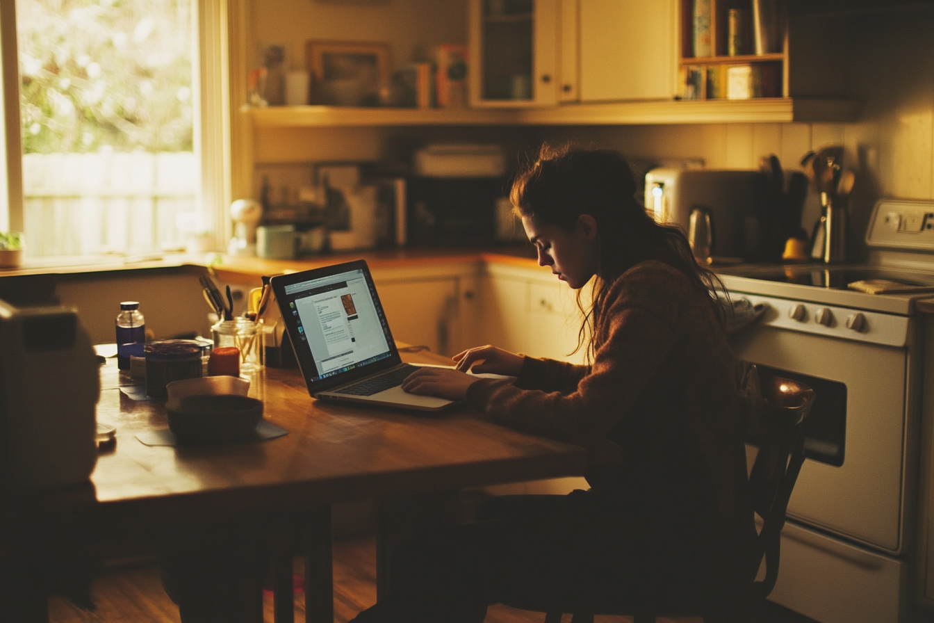 A tense woman working on a laptop | Source: no source