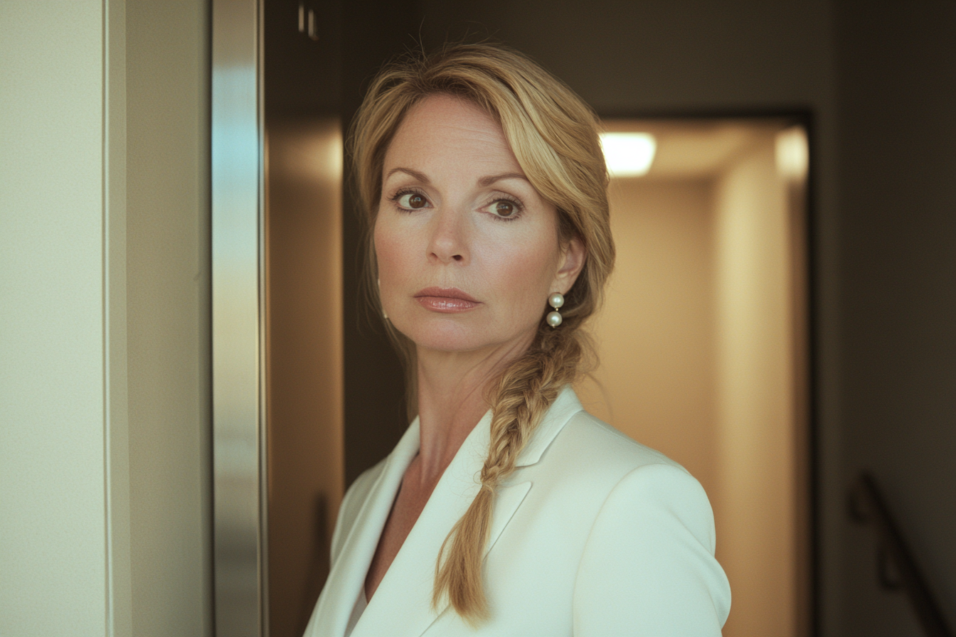 A serious woman in her 40s standing outside the door of an apartment | Source: No source