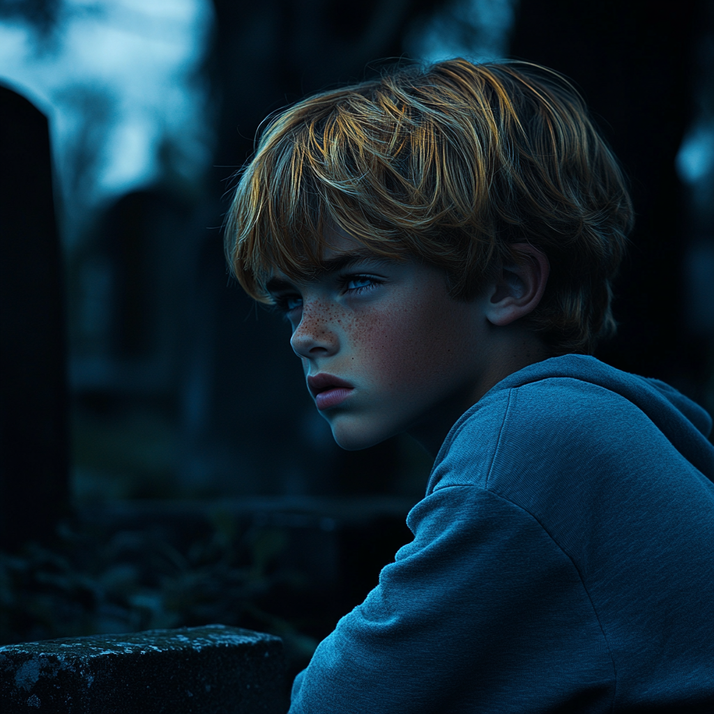A heartbroken boy sitting beside a grave | Source: no source