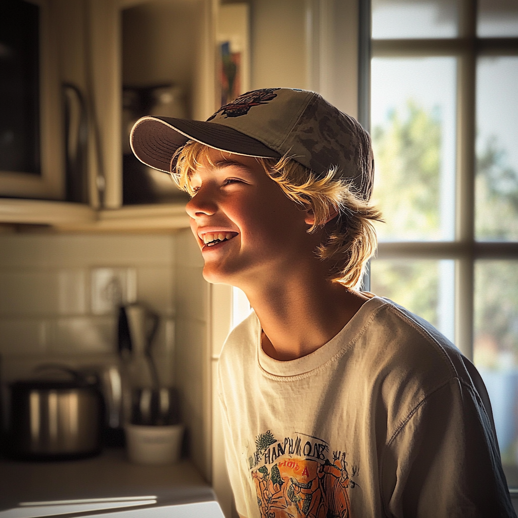 A boy laughing in a kitchen | Source: no source