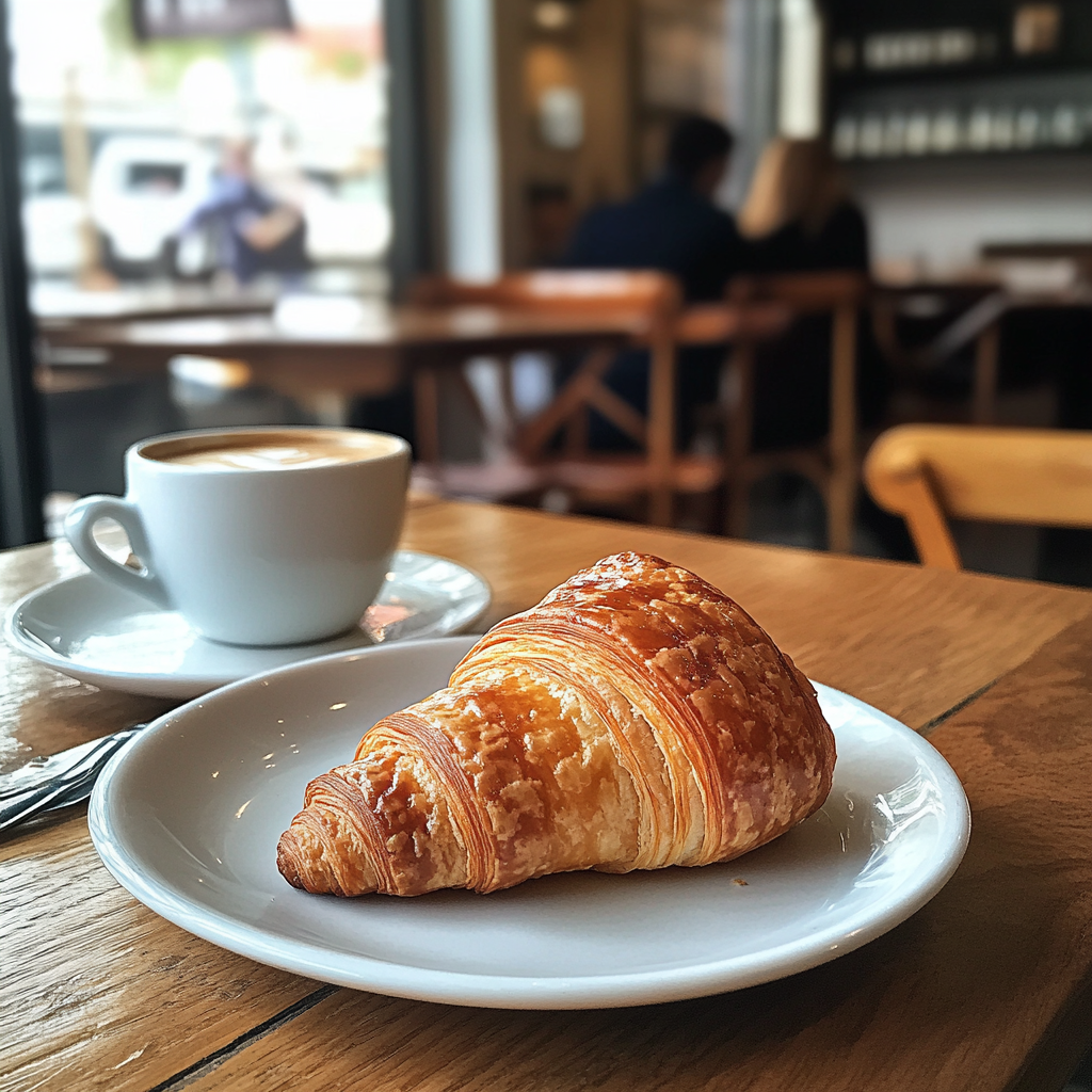 A croissant and coffee at a coffee shop | Source: No source