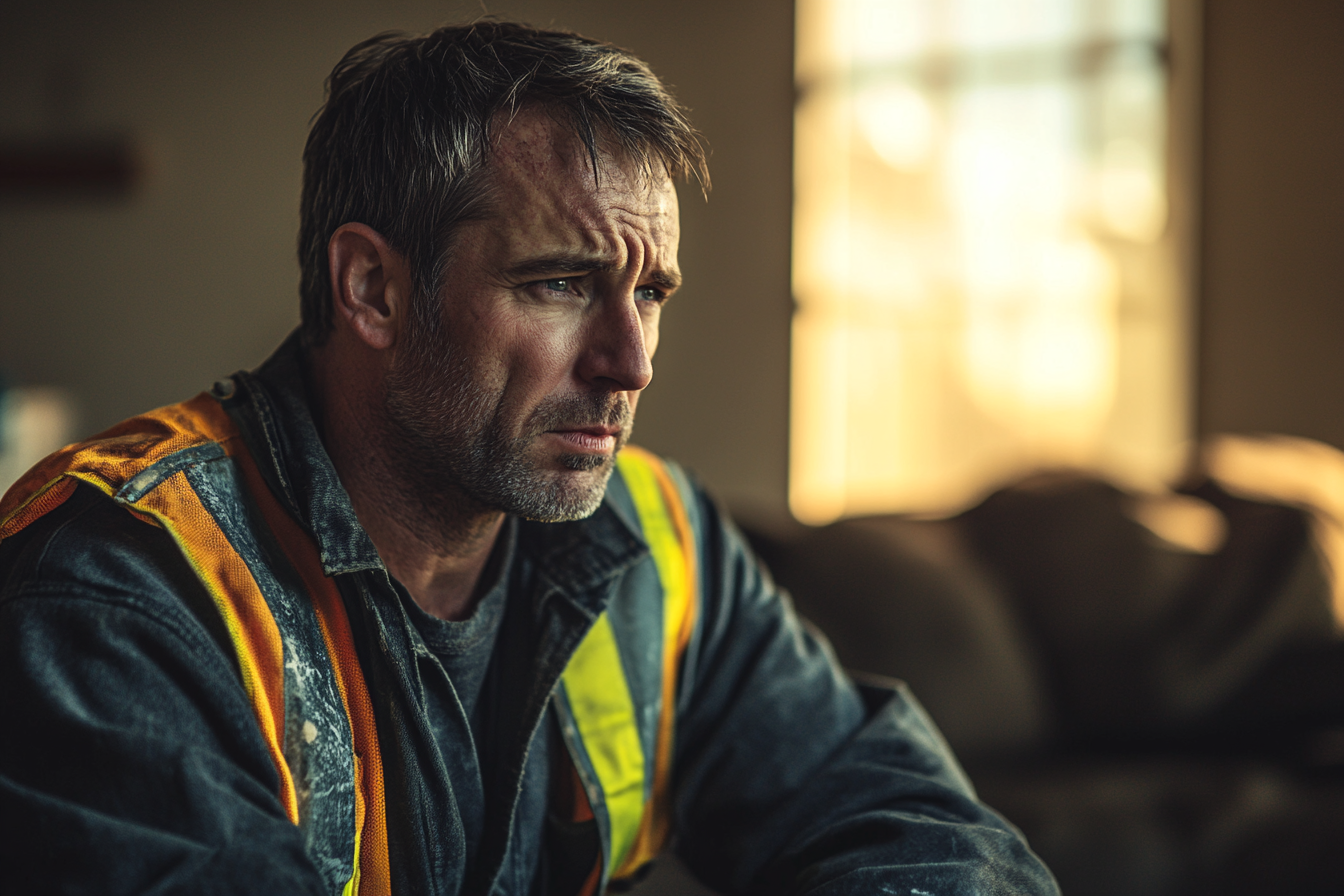 Man in construction clothes sadly sitting on a couch | Source: No source