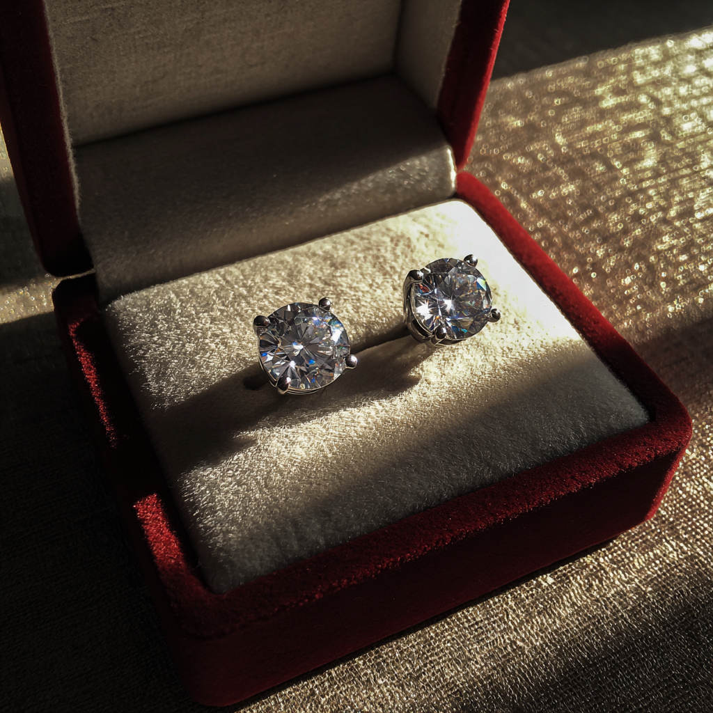 A pair of diamond earrings in a velvet box | Source: No source